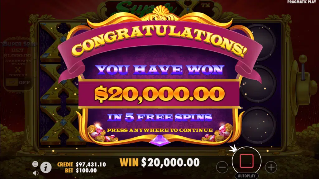 Super X 5 free spins to win a total of $20,000
