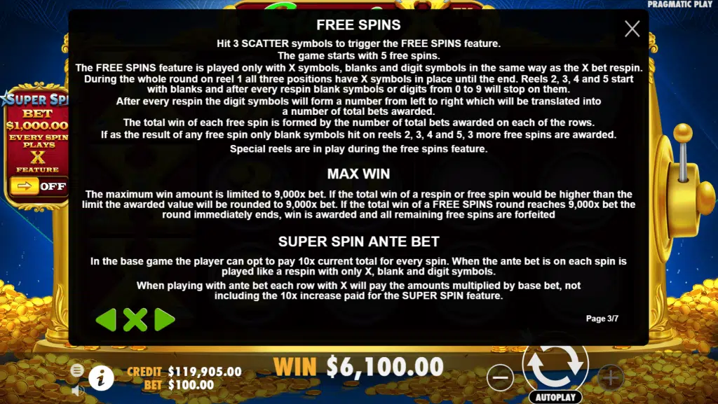 Super X Free Spins Symbols and Paytable