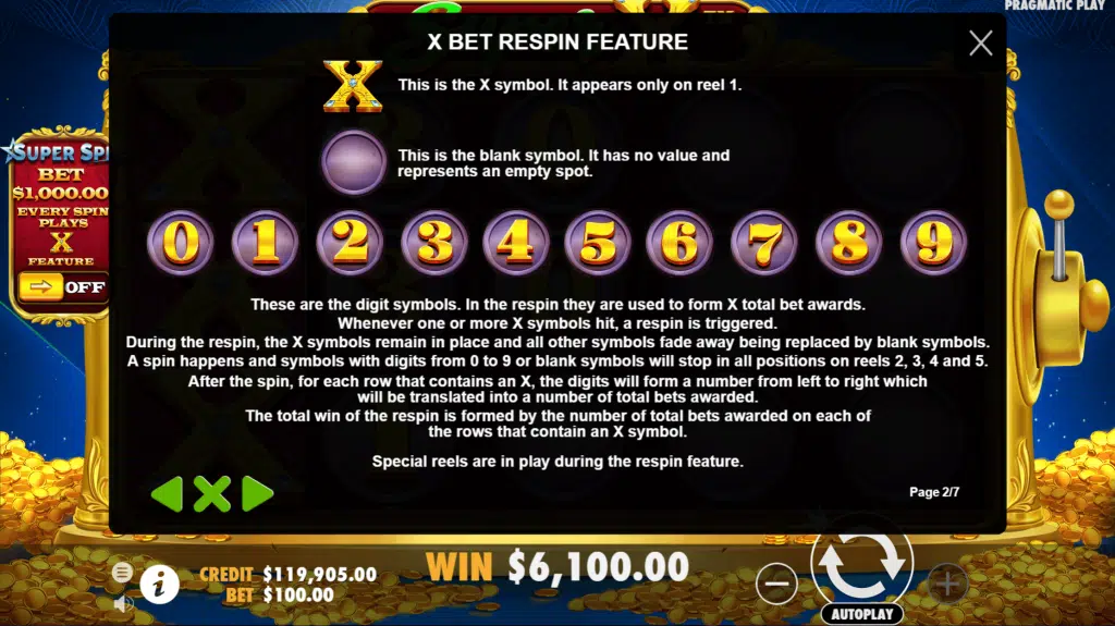 Super X “X” BET Respin Symbols and Paytable
