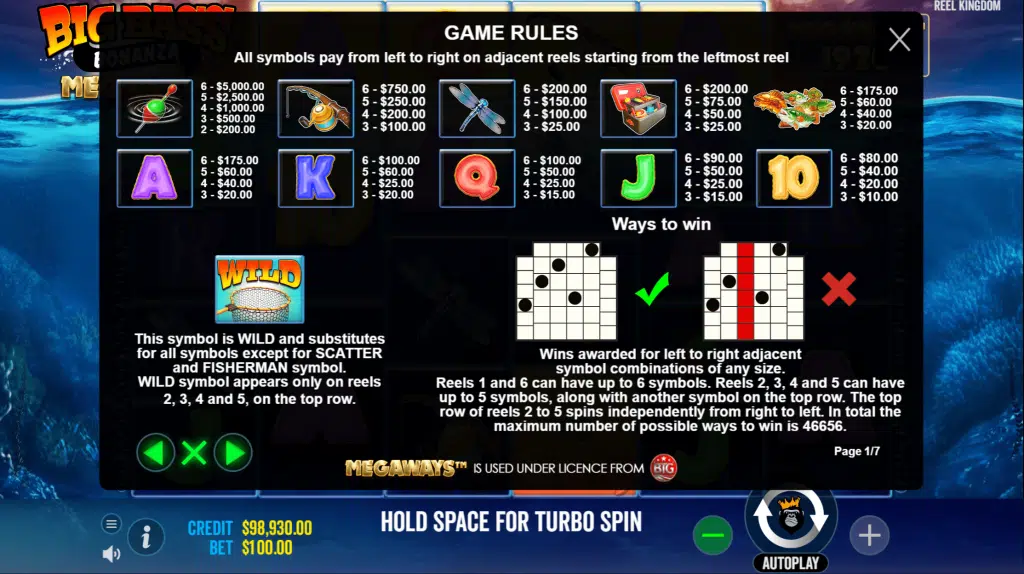 Big Bass Bonanza Megaways Symbols and Paytable