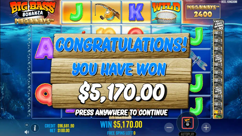 Big Bass Bonanza Megaways Win $5,170 with 10 Free Spins